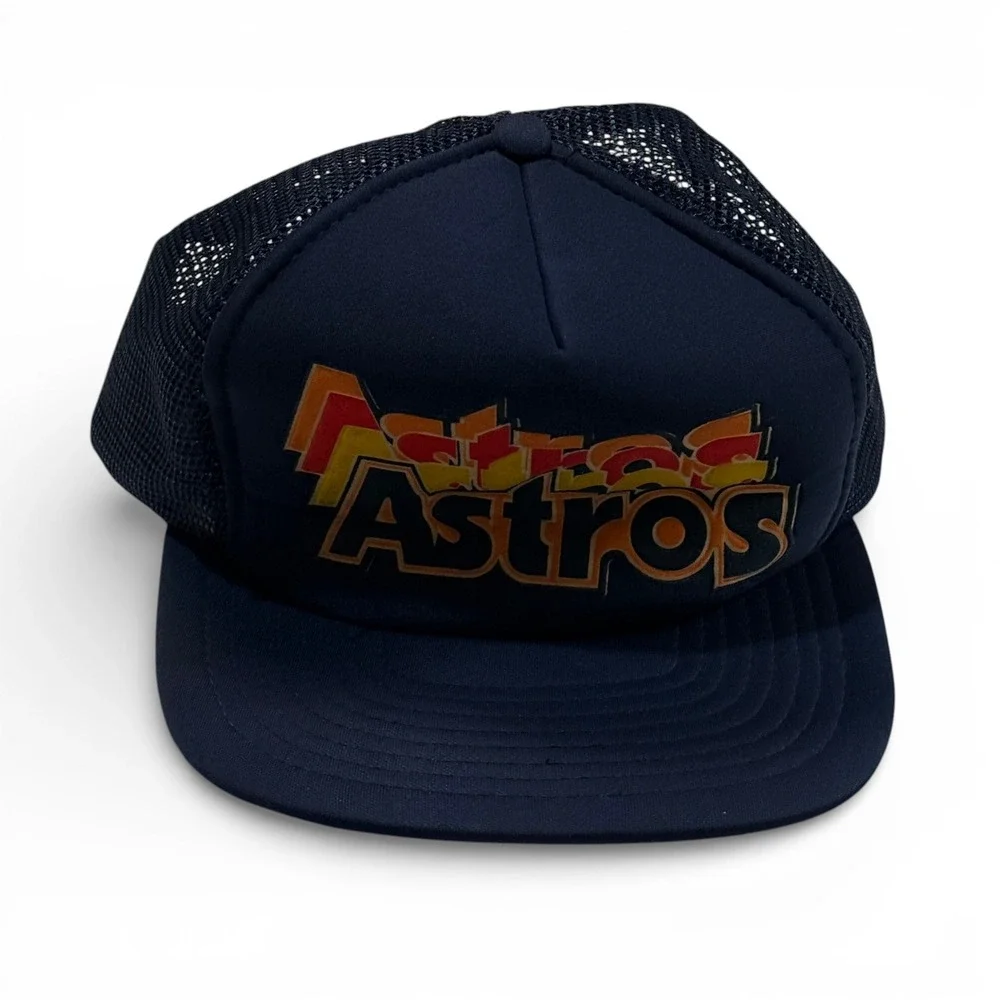 Vintage Houston Astros Trucker Hat Navy Blue Rainbow Logo‎ Snapback MLB Cap